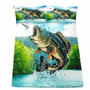 LUVIVIHOME 4PCS Fishing Sheets Set, King Bed Sheets, Forest Animal Hunting Lodge Country Rustic Farmhouse Bass Fish Bedding, Fishing Gifts for Men Boys, 1 Fitted Sheet & 1 Flat Sheet & 2 Pillowcases