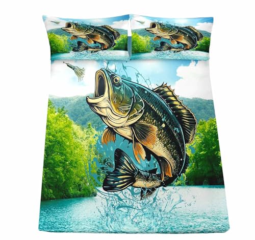 LUVIVIHOME 4PCS Fishing Sheets Set, King Bed Sheets, Forest Animal Hunting Lodge Country Rustic Farmhouse Bass Fish Bedding, Fishing Gifts for Men Boys, 1 Fitted Sheet & 1 Flat Sheet & 2 Pillowcases