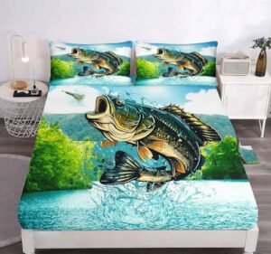 luvivihome 4pcs fishing sheets set, king bed sheets, forest animal hunting lodge country rustic farmhouse bass fish bedding, fishing gifts for men boys, 1 fitted sheet & 1 flat sheet & 2 pillowcases