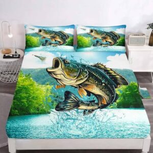 LUVIVIHOME 4PCS Fishing Sheets Set, King Bed Sheets, Forest Animal Hunting Lodge Country Rustic Farmhouse Bass Fish Bedding, Fishing Gifts for Men Boys, 1 Fitted Sheet & 1 Flat Sheet & 2 Pillowcases