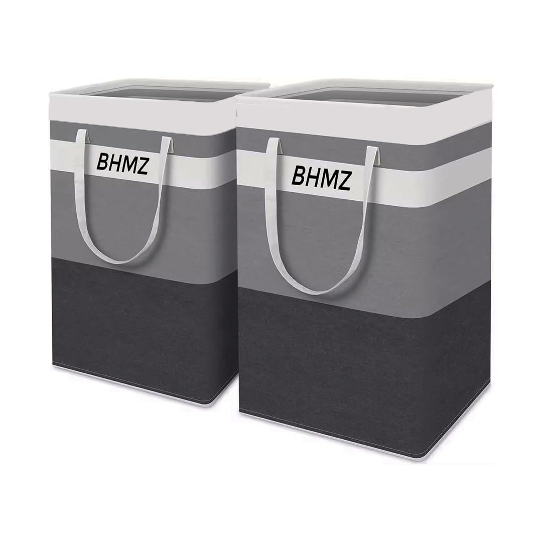 BHMZ 2 Pack Large Laundry Hamper - Freestanding Laundry Baskets - Collapsible & Waterproof Clothes Hamper - Long Reinforced Handles - Easy to Carry - For Bedroom, Bathroom & College Dorm - Grey 75L