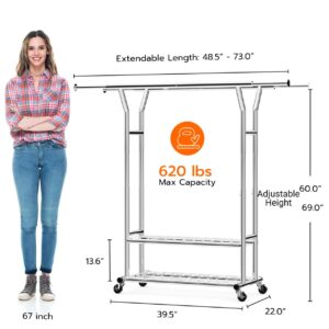 XBurmo Heavy Duty Clothing Rack - Portable Rolling Clothes Rack with Wheels, Adjustable Garment Racks for Hanging Clothes, Free Standing Metal Clothing Rack for Home, Commercial, Laundry Room, Silver