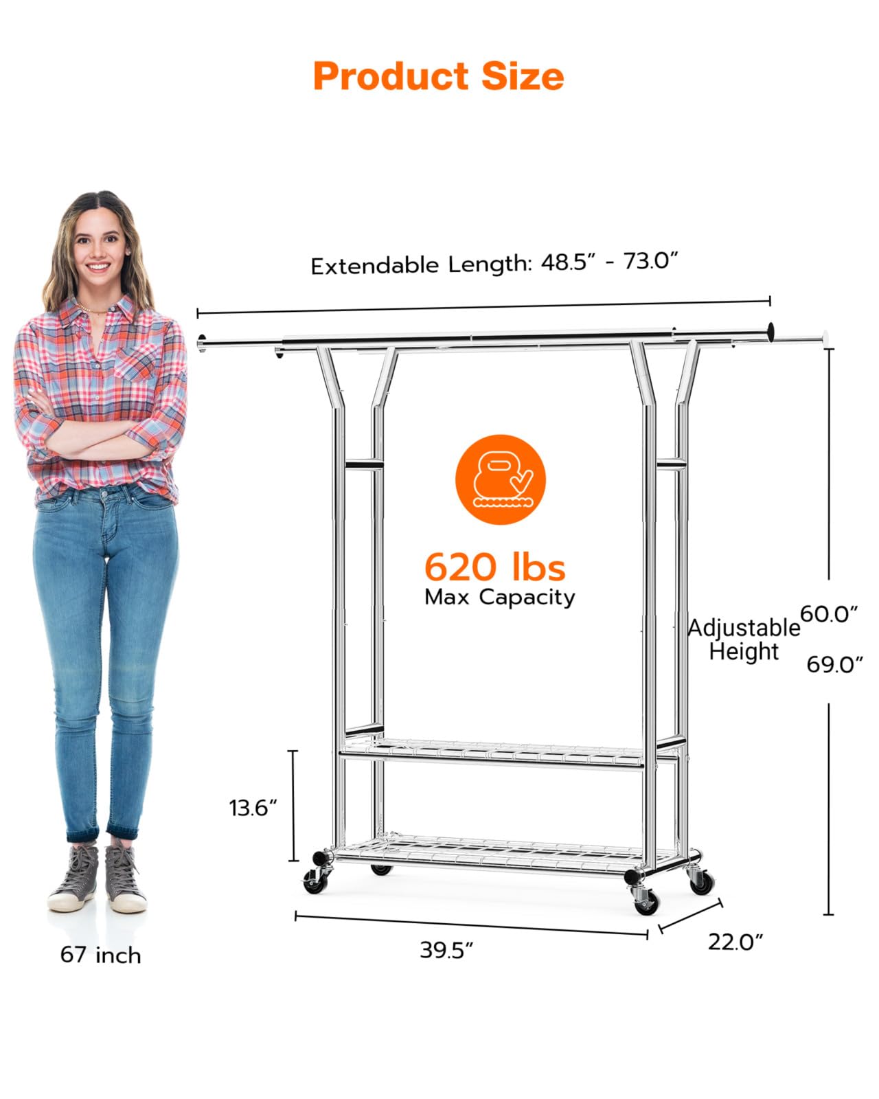 XBurmo Heavy Duty Clothing Rack - Portable Rolling Clothes Rack with Wheels, Adjustable Garment Racks for Hanging Clothes, Free Standing Metal Clothing Rack for Home, Commercial, Laundry Room, Silver