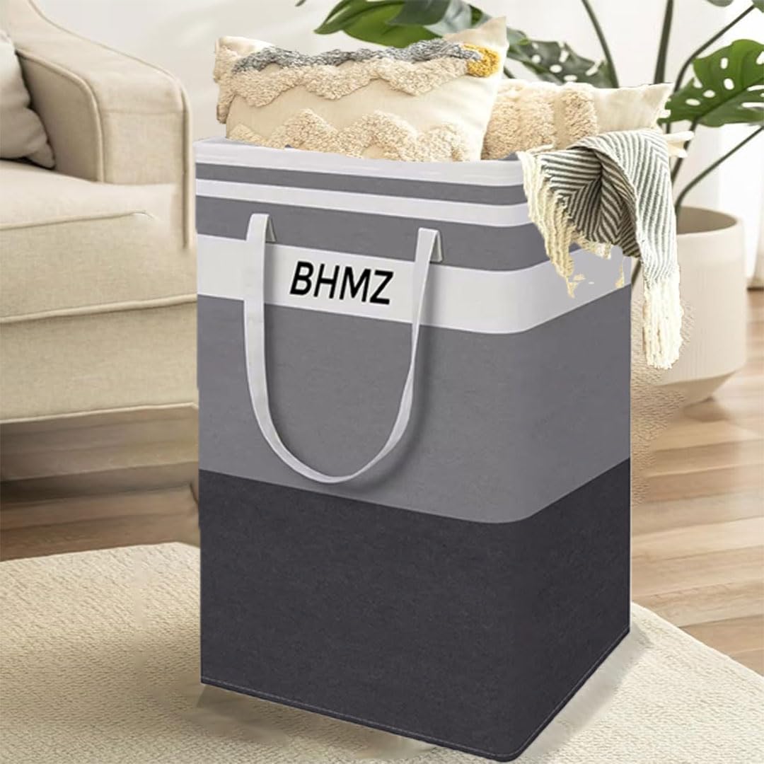 BHMZ 2 Pack Large Laundry Hamper - Freestanding Laundry Baskets - Collapsible & Waterproof Clothes Hamper - Long Reinforced Handles - Easy to Carry - For Bedroom, Bathroom & College Dorm - Grey 75L