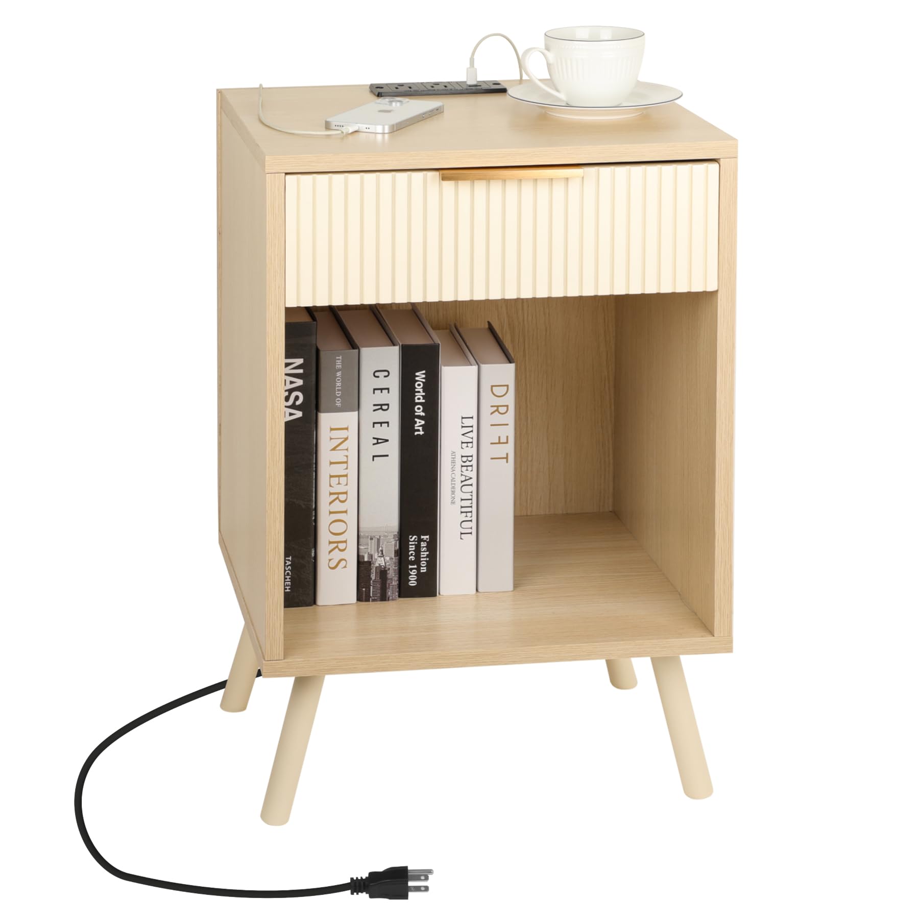 nightstand,Night Stands with Charging Station，Side Tables Bedroom with Drawers and Storage Space，Modern Night Stand，Suitable for bedrooms and Living Rooms (Beige)