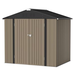 Greesum Metal Outdoor Storage Shed 8FT x 6FT, Steel Utility Tool Shed Storage House with Door & Lock, Metal Sheds Outdoor Storage for Backyard Garden Patio Lawn (8’x 6'), Brown