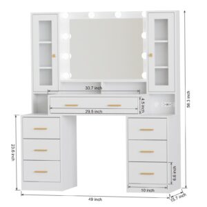 Likein Vanity Desk with Mirror and Lights - 7 Drawers Makeup Vanity with Charging Station, Vanity Table with Shelf, 2 Cabinets & Nightstand, 3 Lighting Modes Brightness Adjustable, Bedroom, White