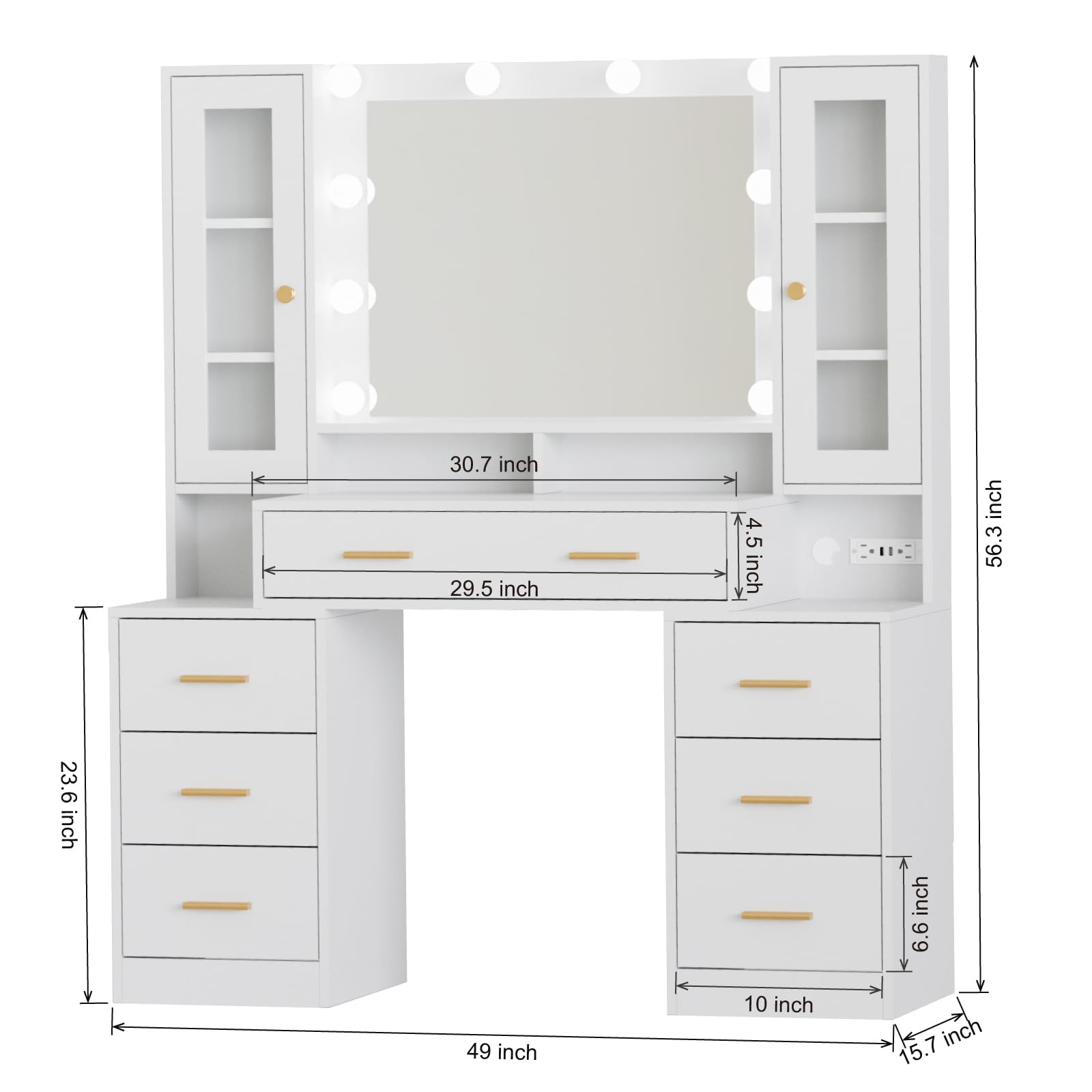 Likein Vanity Desk with Mirror and Lights - 7 Drawers Makeup Vanity with Charging Station, Vanity Table with Shelf, 2 Cabinets & Nightstand, 3 Lighting Modes Brightness Adjustable, Bedroom, White