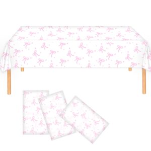 3 Pack Coquette Pink Bow Tablecloth Coquette Birthday Decorations Plastic Pink Bow Theme Party Table Cover for Girl Birthday Bachelorette Bridal Engagement Wedding Sweet Baby Shower Party Supplies