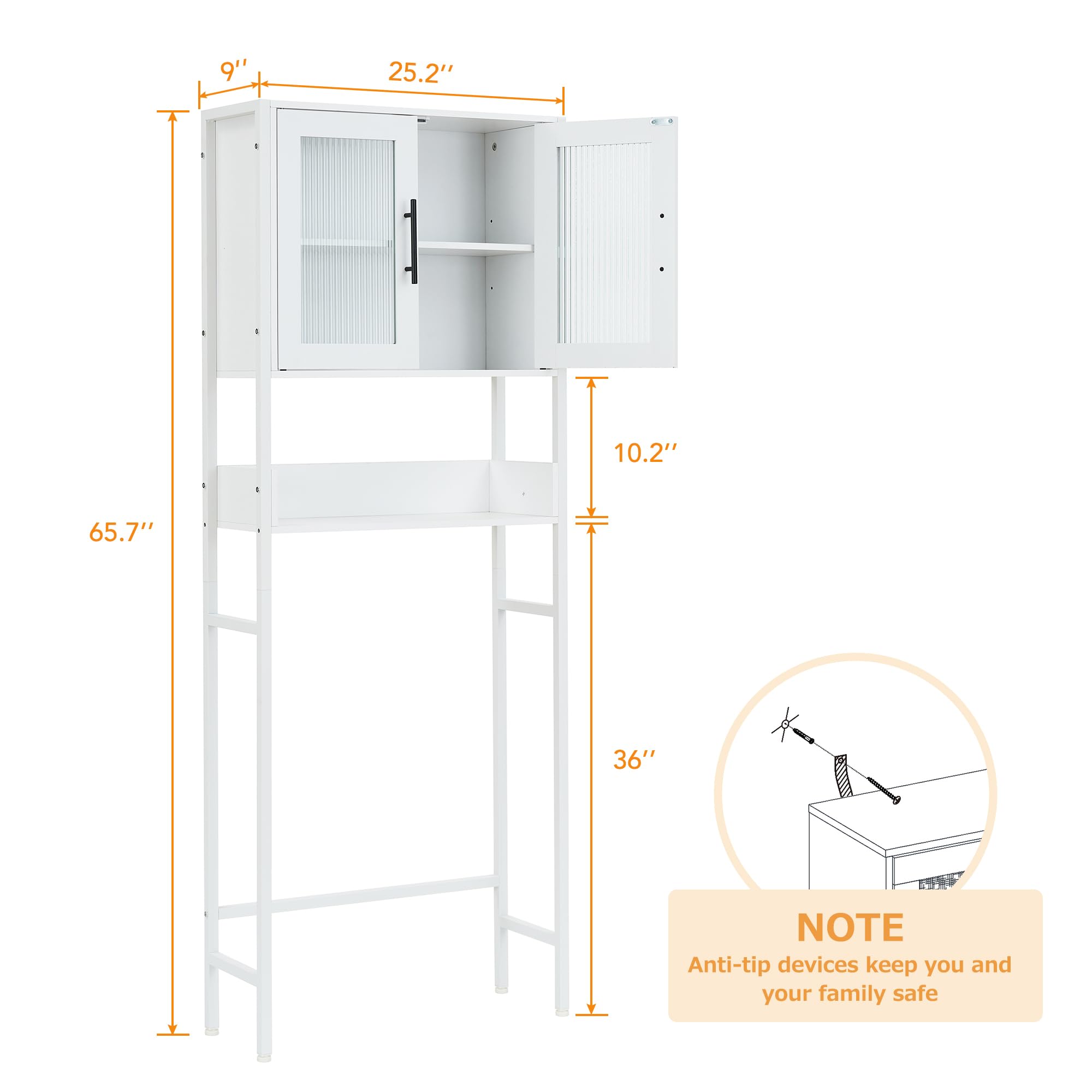 GarveeHome Bathroom Over The Toilet Storage Cabinet with Glass Doors, Adjustable Shelves, Large Storage Organizer, White