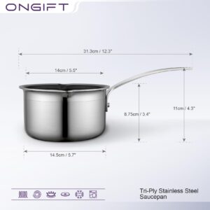 ONGIFT Stainless Steel Sauce Pan with Non Stick Coatings, Small Sauce pan with Pour Spout, 1.4 Quart Cooking Pot for Soups, Stews & Milk, No PTFE, PFOA & PFAS