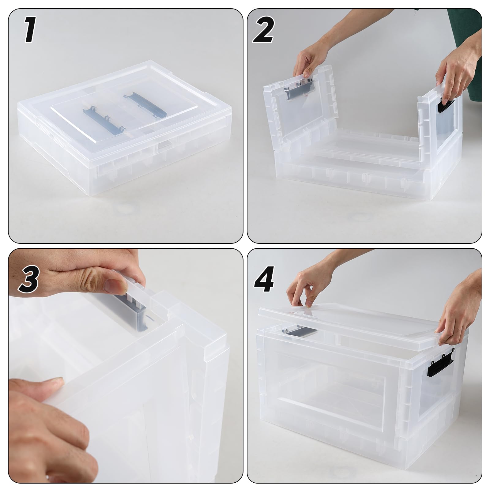 Bblina 4 Pack 30 Quart Clear Plastic Foldable Boxes, Collapsible Storage Bins with Lids