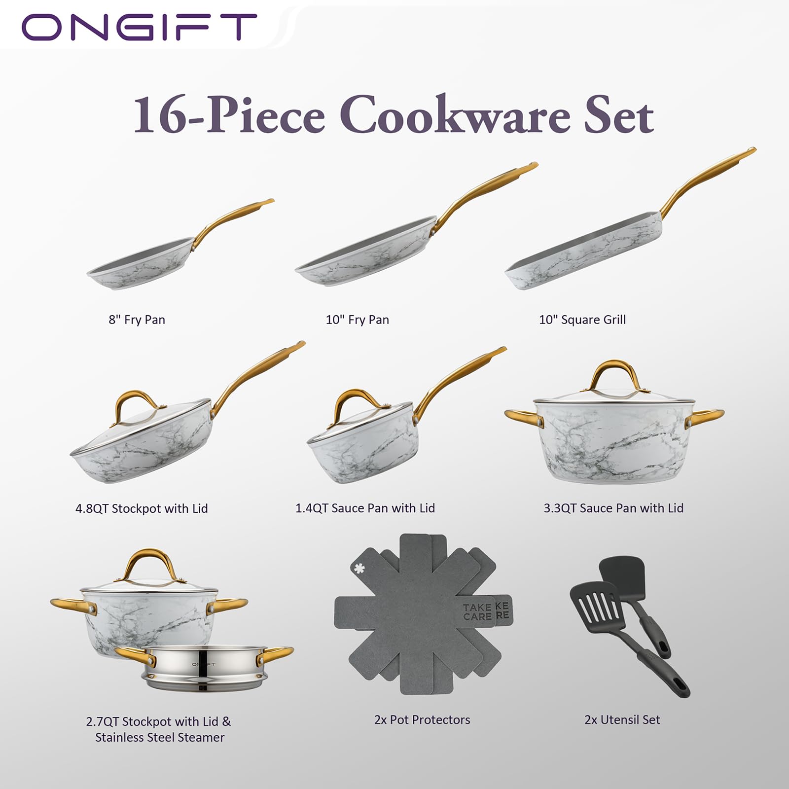 ONGIFT 16Pcs Nonstick Cookware Sets, Kitchen Pots and Pans Set Non Stick for Cooking, Non Toxic Induction Cookware No PFAS & PTFE & PFOA, Oven & Dishwasher Safe, Mable White