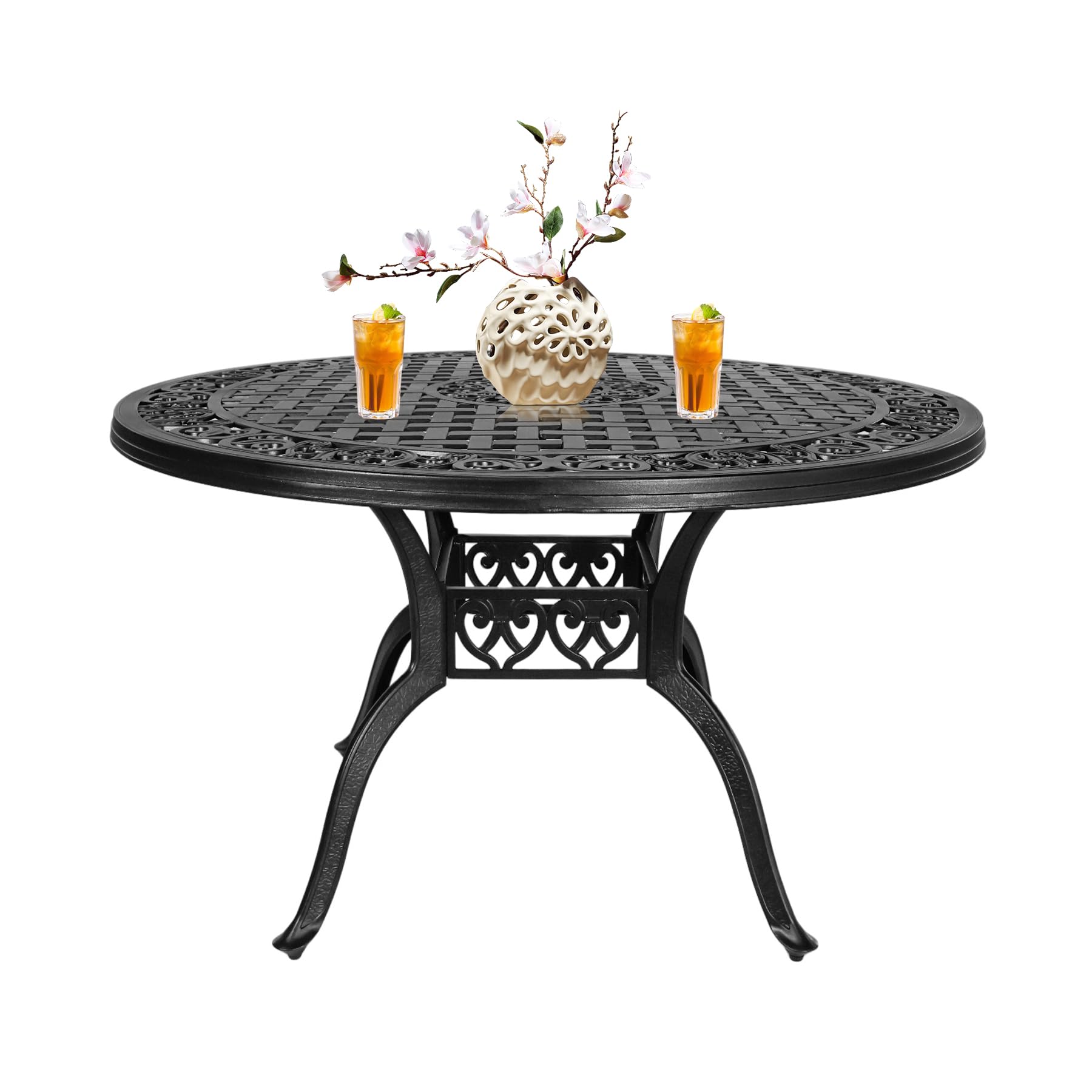 PATIO-IN 48.23" Patio Dinning Table, All-Weather Cast Aluminum Table with 2.36" Umbrella Hole, Patio Furniture Table, Outdoor Dining Table for Backyard and Poolside