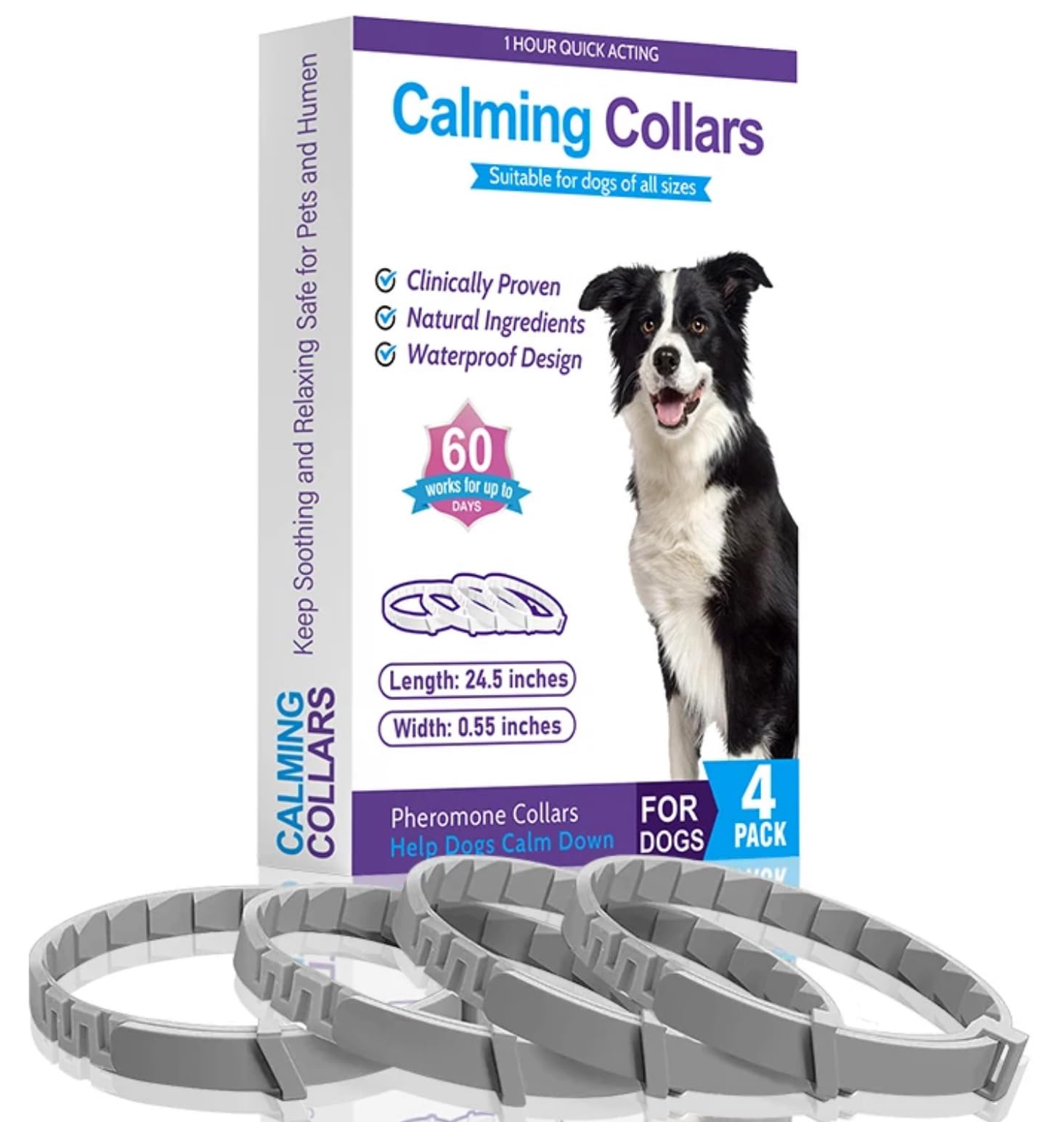 Calming Collars for Dog, 4 Packs, Dog Pheromone Calm Collars Help Dogs Calm Down, Stress Separation Suitable Dogs Last 60 Days Relieve per Box Collar Size 24.5 inch Color Gray