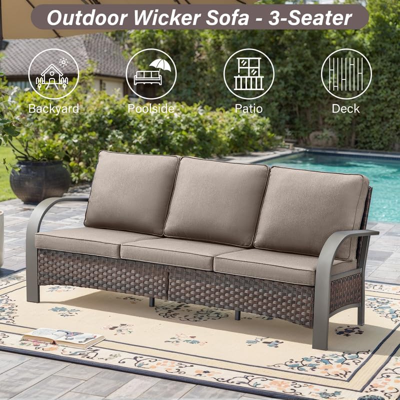 Belord Outdoor Patio Couch - 1000 LBS Weight Capacity Wicker Couch Outdoor Furniture with Deep Seat Hight Backrest 3 Seater Wicker Sofa for Deck Proch Balcony Backyard