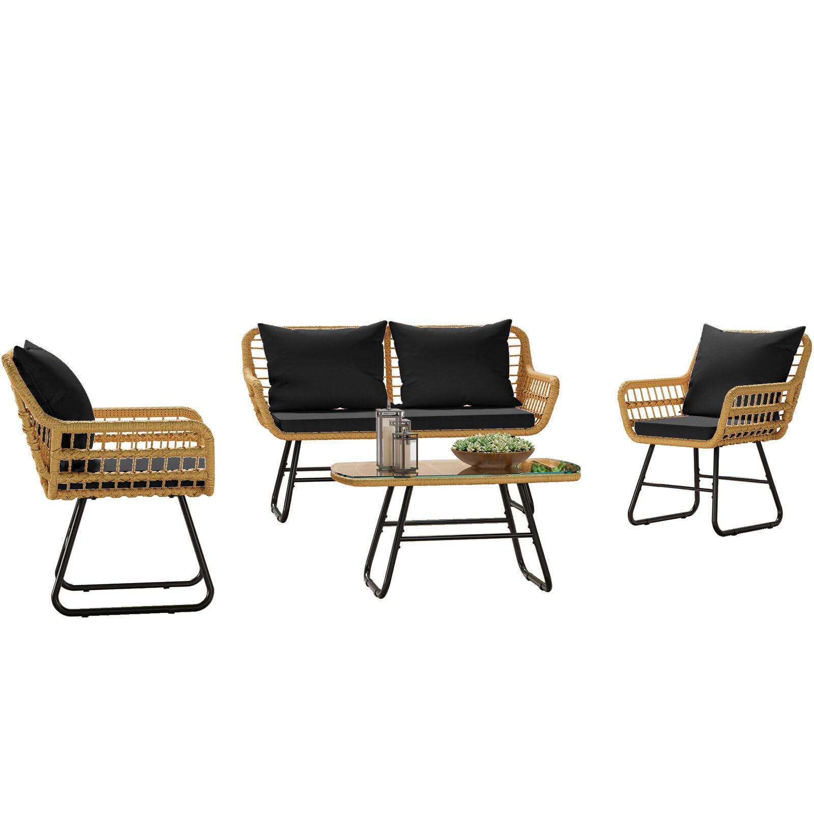 INDSUMOT 4PC Outdoor Patio Furniture Set Sectional Sofa Rattan Chair Wicker Set with Cushion