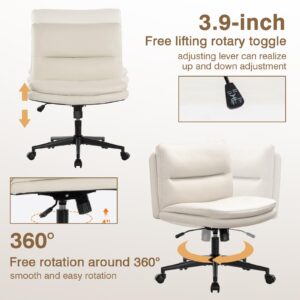 YASHFU Armless Leather Wide Office Desk Chair with Wheels: Cute Criss Cross Chair with Wheels, Leather Comfy Adjustable Swivel Computer Task Chairs for Home, Office,Make Up,Bed Room (Beige)