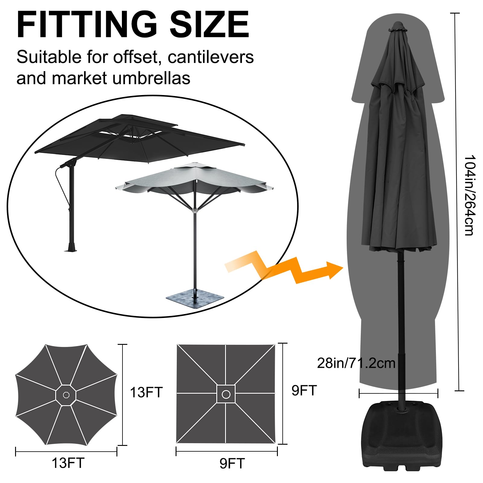 FIOBEE Patio Umbrella Cover for 9ft to 13ft Cantilevers Offset Umbrella or Market Umbrella 600D Waterproof Outdoor Parasol Cover with Rod Patio Furniture Covers, Black