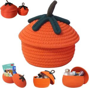 halloween pumpkin basket with lid, halloween pumpkin woven storage basket, candy basket decorative cute basket, orange woven rope basket for store toys candys snacks (small)