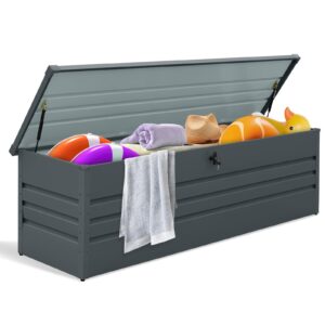 jaxenor 260 gallon waterproof outdoor storage box extra large, outside metal deck box for patio cushions, garden tools and sports pools equipment (dark gray)