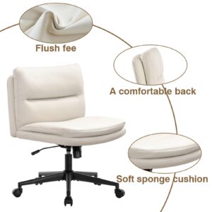 YASHFU Armless Leather Wide Office Desk Chair with Wheels: Cute Criss Cross Chair with Wheels, Leather Comfy Adjustable Swivel Computer Task Chairs for Home, Office,Make Up,Bed Room (Beige)