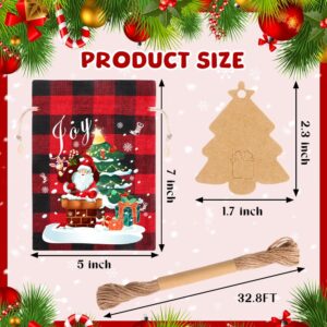 24PCS Small Burlap Bags, 5x7in Christmas Drawstring Treat Bags Xmas Red Plaid Linen Gift Bags Reusable Candy Goodie Wrapping Bags for Holiday Party Favors Supplies (8 Designs)