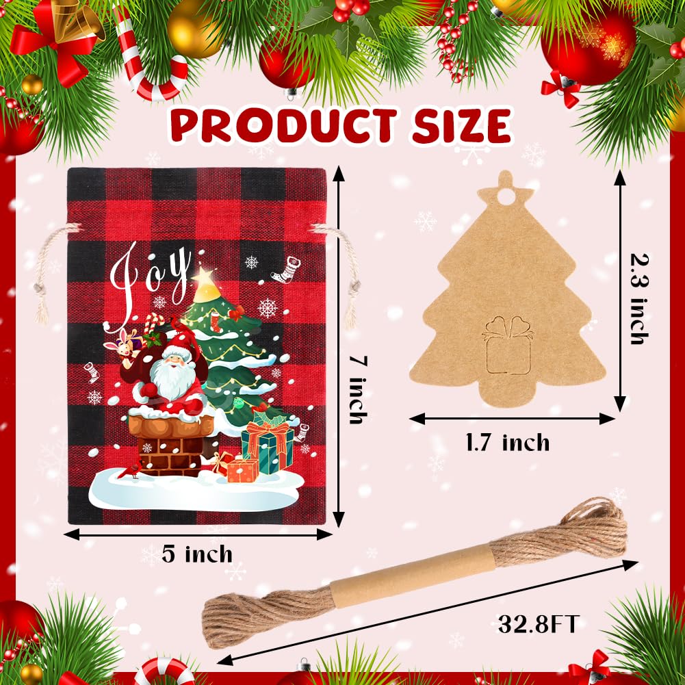 24PCS Small Burlap Bags, 5x7in Christmas Drawstring Treat Bags Xmas Red Plaid Linen Gift Bags Reusable Candy Goodie Wrapping Bags for Holiday Party Favors Supplies (8 Designs)