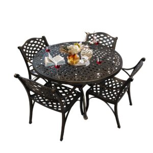 PATIO-IN 48.23" Patio Dining Table, All-Weather Cast Aluminum Table with 2.36" Umbrella Hole, Patio Furniture Table, Outdoor Dining Table for Backyard and Poolside