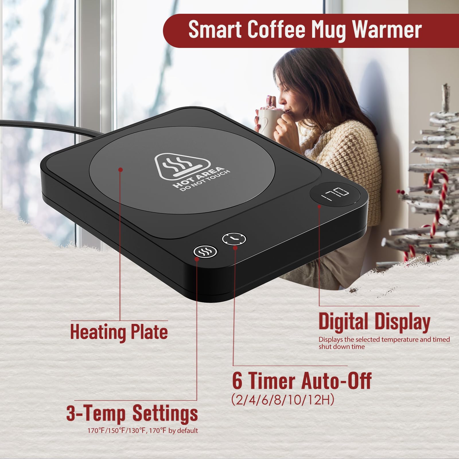 Mug Warmer, 3 Temperature Settings Coffee Mug Warmer, 2-12h Auto - Shut Off Coffee Warmer, Mug Warmer for Desk with LED Digital Display, Smart Coffee Cup Warmer for Milk, Coffee, Chocolate, Candles