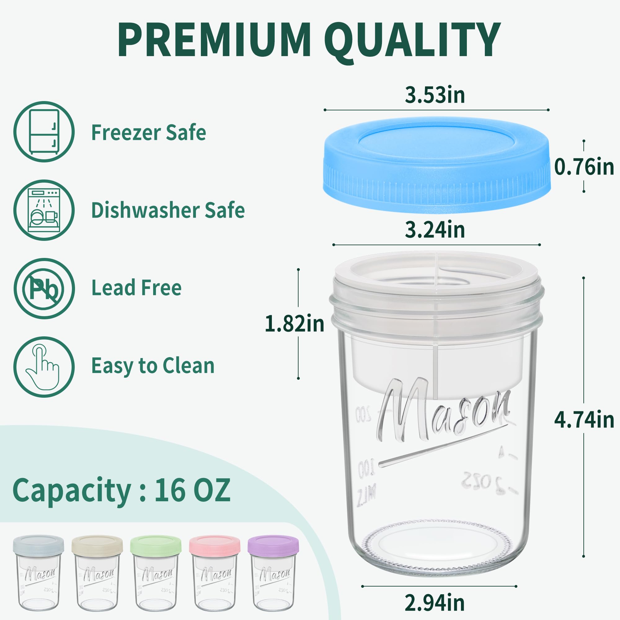 Xyptorix 16 oz Overnight Oats Containers with Lids, 6-Pack Leak-Proof Wide Mouth Mason Jars & Separate Compartments for Fruits/Nuts, Airtight Glass Jars for Chia Pudding, Yogurt, Parfait and Salad