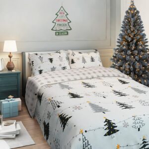 JANSHU 3 Piece Christmas Duvet Cover Queen Size Set, Black Christmas Tree Duvet Cover Set, Christmas Duvet Cover Set with Zipper Closure and Corner Ties, 1 Duvet Cover Queen Size and 2 Pillow Shams.