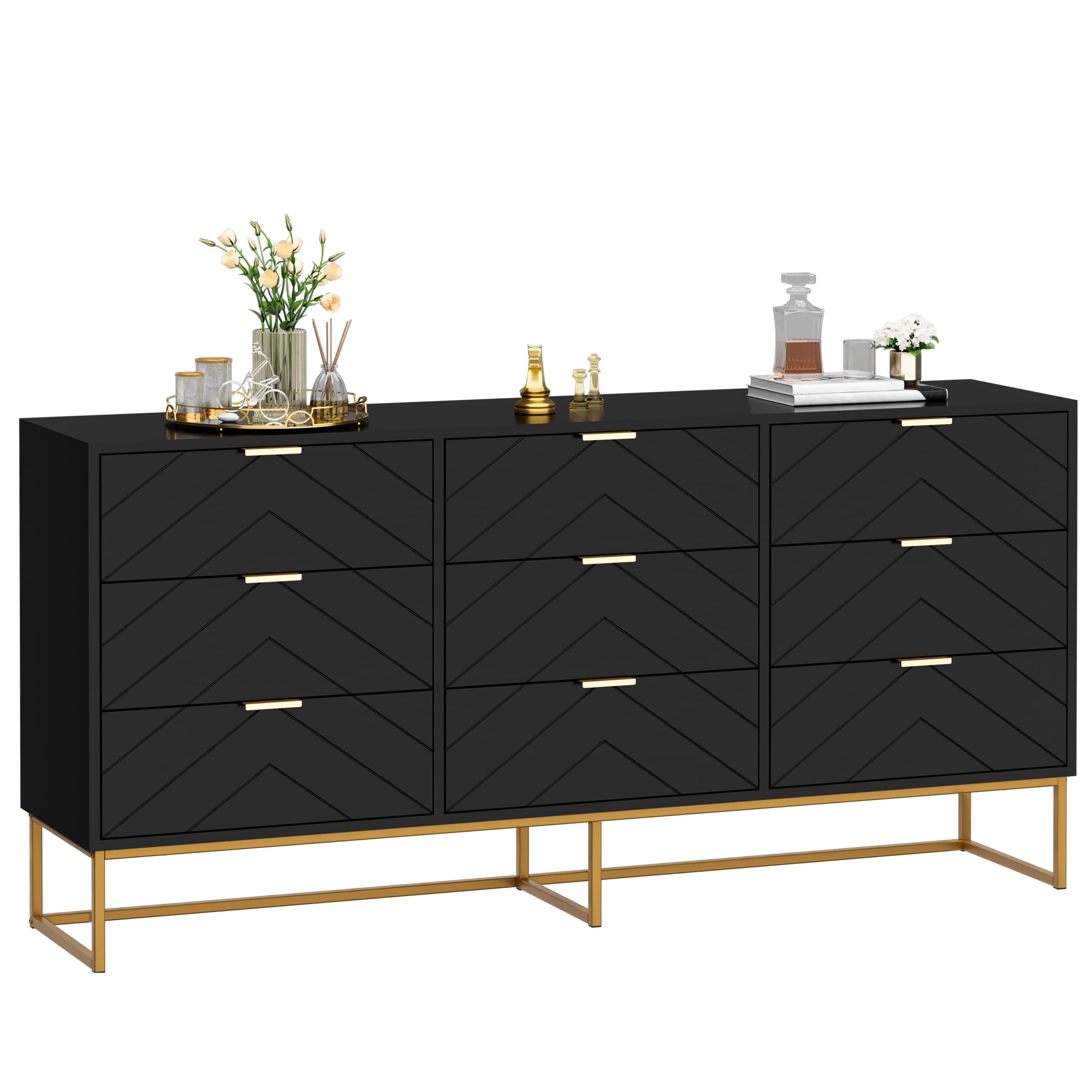 Scurrty Large 9 Drawer Dresser,59 inch Dresser with Chest, Black Storage Dressers,Storage Cabinet for Bedroom, Dressers for Living Room, Bedroom etc.