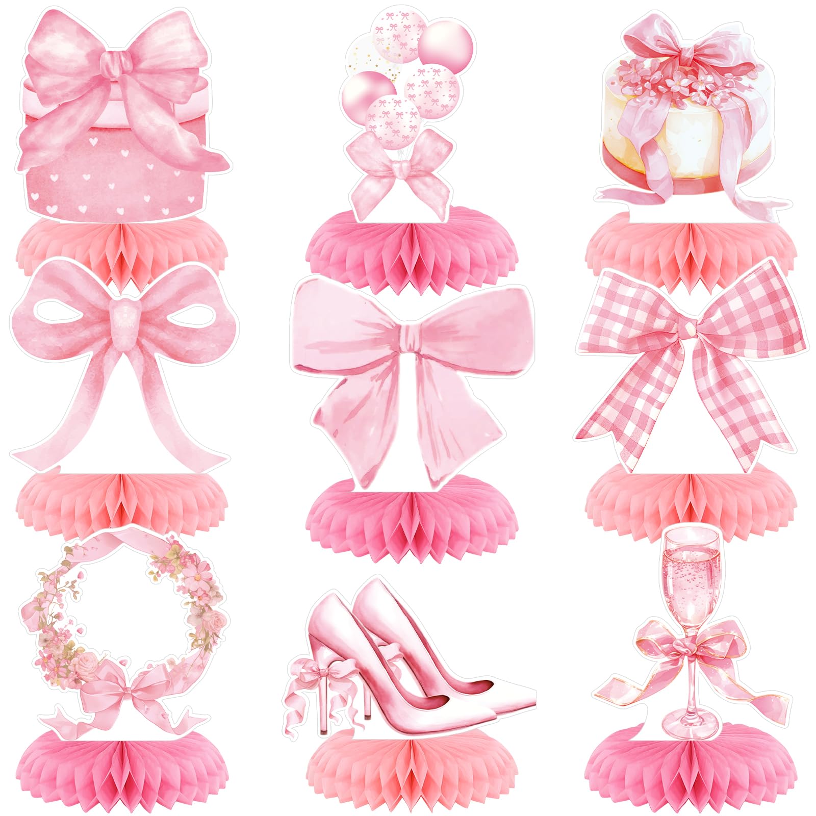 9 PCS Pink Bow Honeycomb Centerpieces Party Decorations, Coquette Birthday Decorations Girl Bow Theme Party Decor Pink Bow Table Decor for Girl Bachelorette Baby Shower Bridal Shower Party Supplies