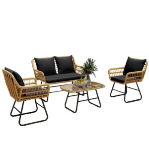 INDSUMOT 4PC Outdoor Patio Furniture Set Sectional Sofa Rattan Chair Wicker Set with Cushion