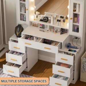 Likein Vanity Desk with Mirror and Lights - 7 Drawers Makeup Vanity with Charging Station, Vanity Table with Shelf, 2 Cabinets & Nightstand, 3 Lighting Modes Brightness Adjustable, Bedroom, White