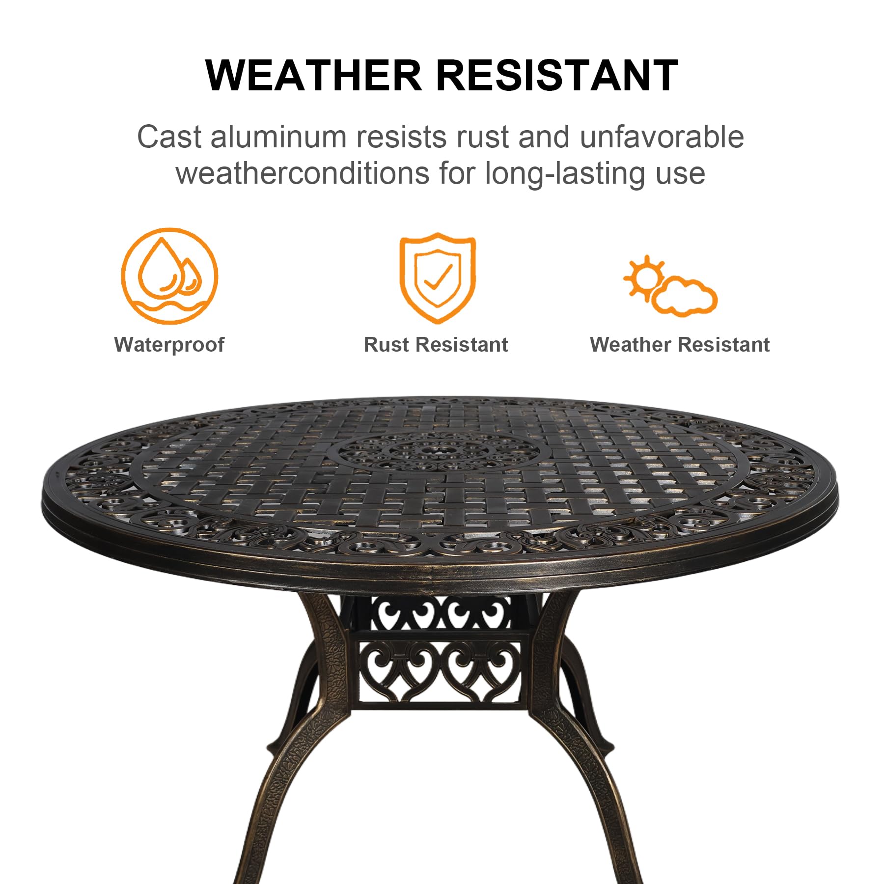 PATIO-IN 48.23" Patio Dining Table, All-Weather Cast Aluminum Table with 2.36" Umbrella Hole, Patio Furniture Table, Outdoor Dining Table for Backyard and Poolside