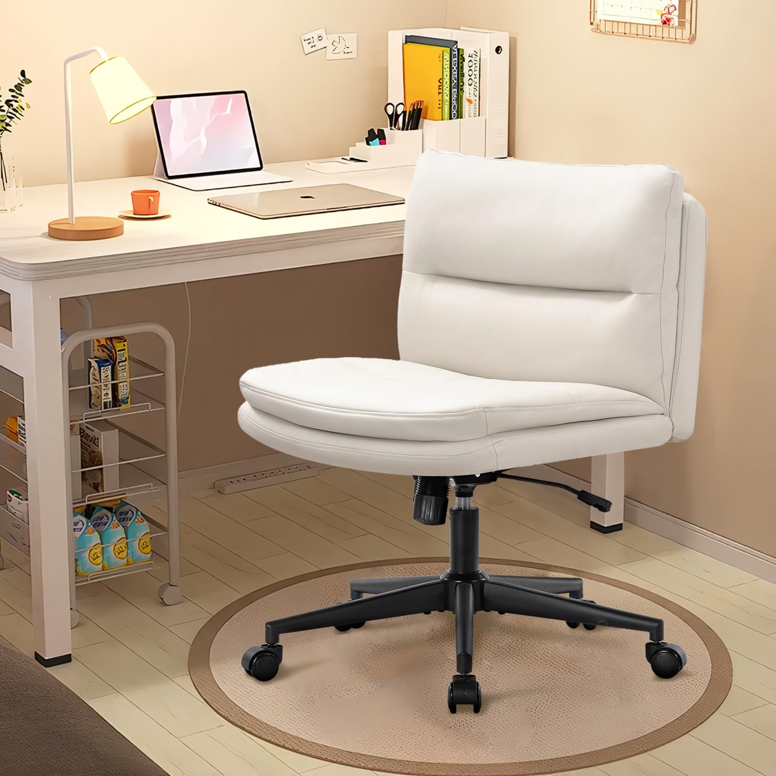 YASHFU Armless Leather Wide Office Desk Chair with Wheels: Cute Criss Cross Chair with Wheels, Leather Comfy Adjustable Swivel Computer Task Chairs for Home, Office,Make Up,Bed Room (Beige)