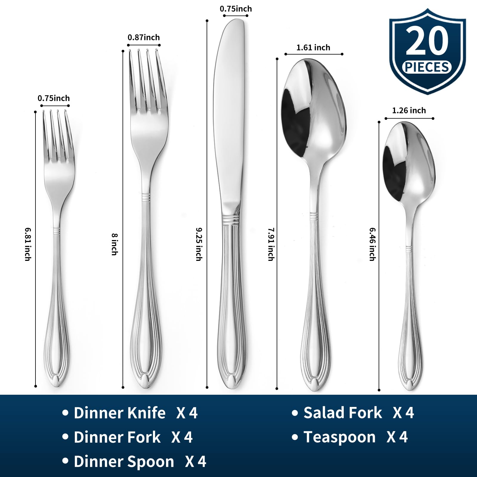 Silverware Set for 4, 20-Piece Flatware Set Include Spoons And Forks Set, Stainless Steel Cutlery Set with Line Pattern, Mirror Polished, Dishwasher Safe.