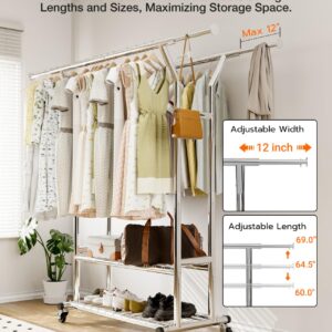 XBurmo Heavy Duty Clothing Rack - Portable Rolling Clothes Rack with Wheels, Adjustable Garment Racks for Hanging Clothes, Free Standing Metal Clothing Rack for Home, Commercial, Laundry Room, Silver