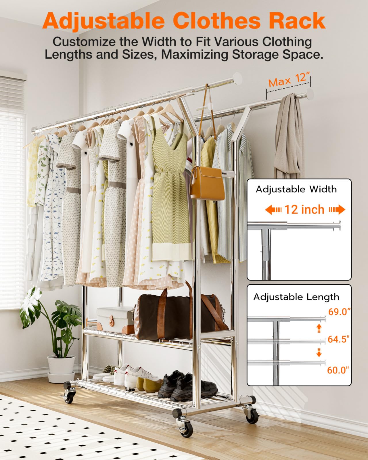 XBurmo Heavy Duty Clothing Rack - Portable Rolling Clothes Rack with Wheels, Adjustable Garment Racks for Hanging Clothes, Free Standing Metal Clothing Rack for Home, Commercial, Laundry Room, Silver