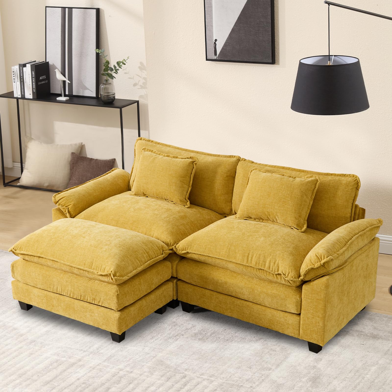 SENIFIS 86" Sectional Sofa Couch, Chenille L-Shaped Loveseat Sleeper Sofa Couch with Movable Ottoman,Lumbar Pillows, Comfy Cloud Sofa Couches for Living Room (Yellow, Loveseat)