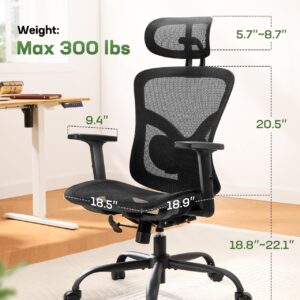 Marsail Ergonomic Mesh Office Chair: Mesh Computer Desk Chair with Adjustable Lumbar Support, 2D Headrest&2D Armrest, Ergonomic Gaming Chair for Home Office, Black