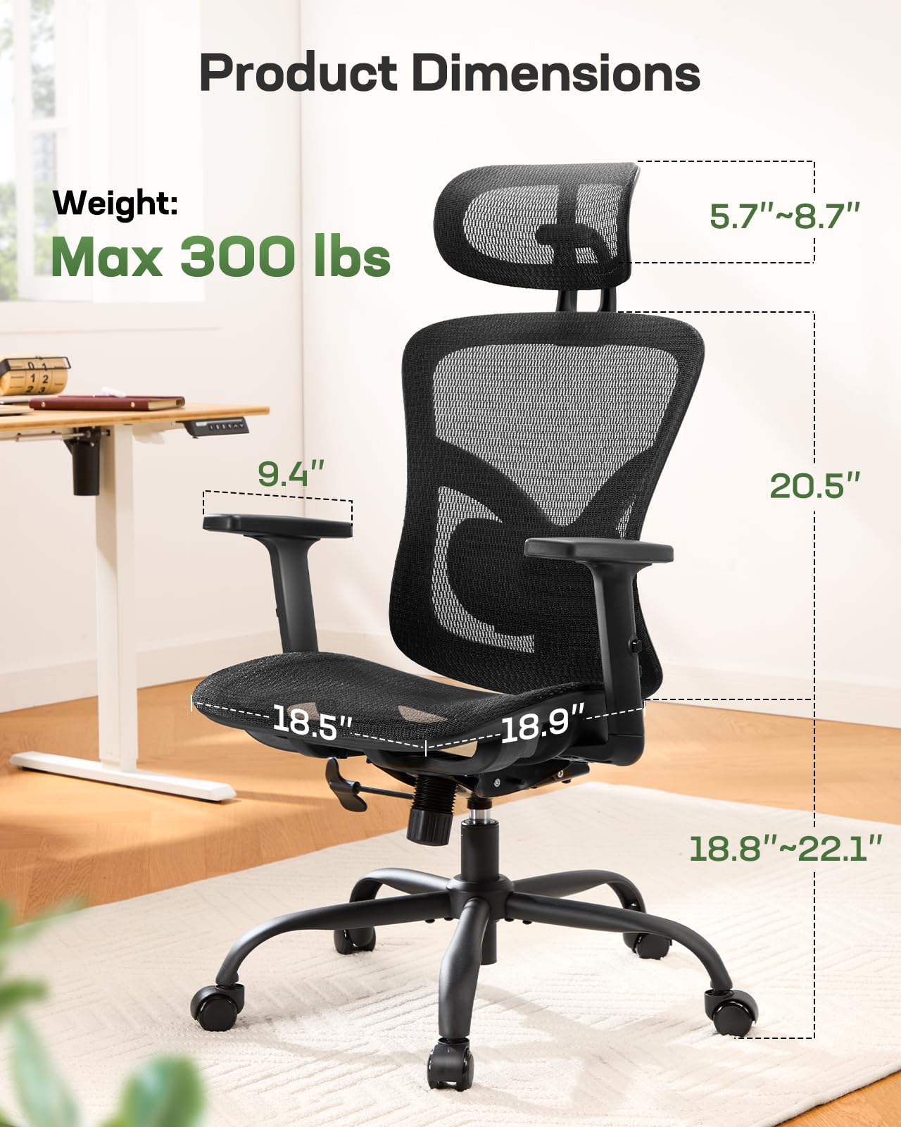 Marsail Ergonomic Mesh Office Chair: Mesh Computer Desk Chair with Adjustable Lumbar Support, 2D Headrest&2D Armrest, Ergonomic Gaming Chair for Home Office, Black