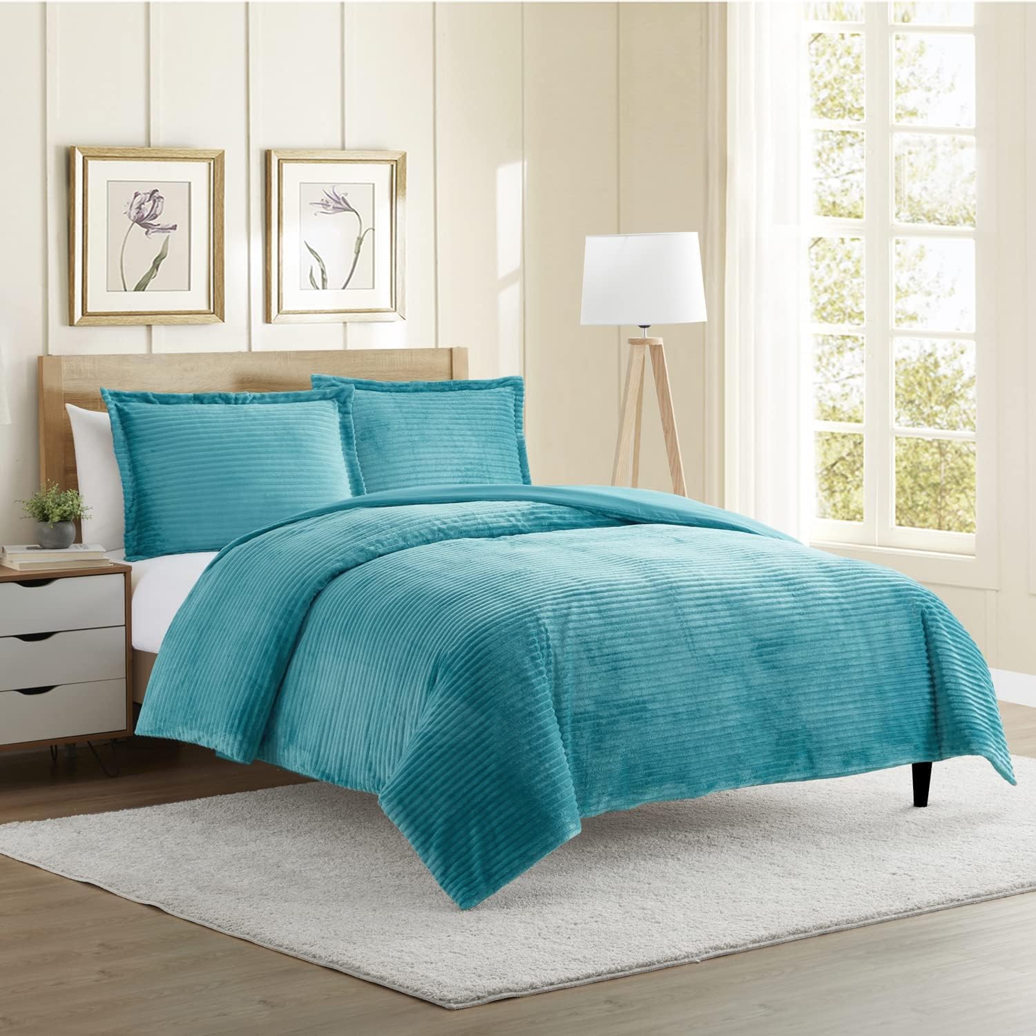 Hearth & Harbor Premium Flannel Duvet Cover Set - 3 PC Reversible King Comforter Cover Set with Microfiber Back - 1 Velvet Duvet Cover King & 2 Pillow Shams 104 x 90 inches - Teal