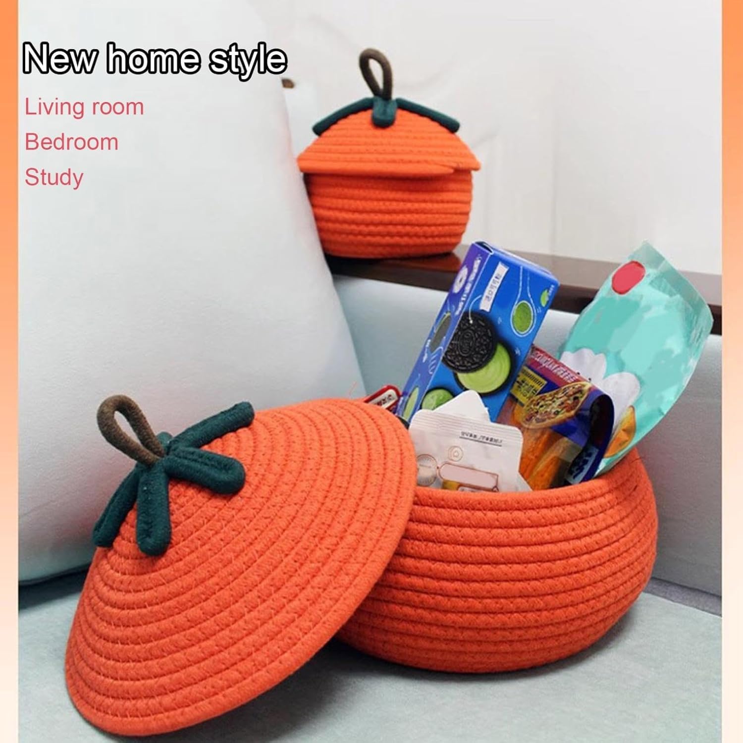 Halloween Pumpkin Basket with Lid, Halloween Pumpkin Woven Storage Basket, Candy Basket Decorative Cute Basket, Orange Woven Rope Basket for Store Toys Candys Snacks (Small)