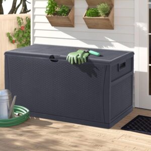 brightpeak 120 gallon outdoor storage deck box gray wicker pattern container cabinet storage for patio furniture cushions, pillows, garden tools, grey