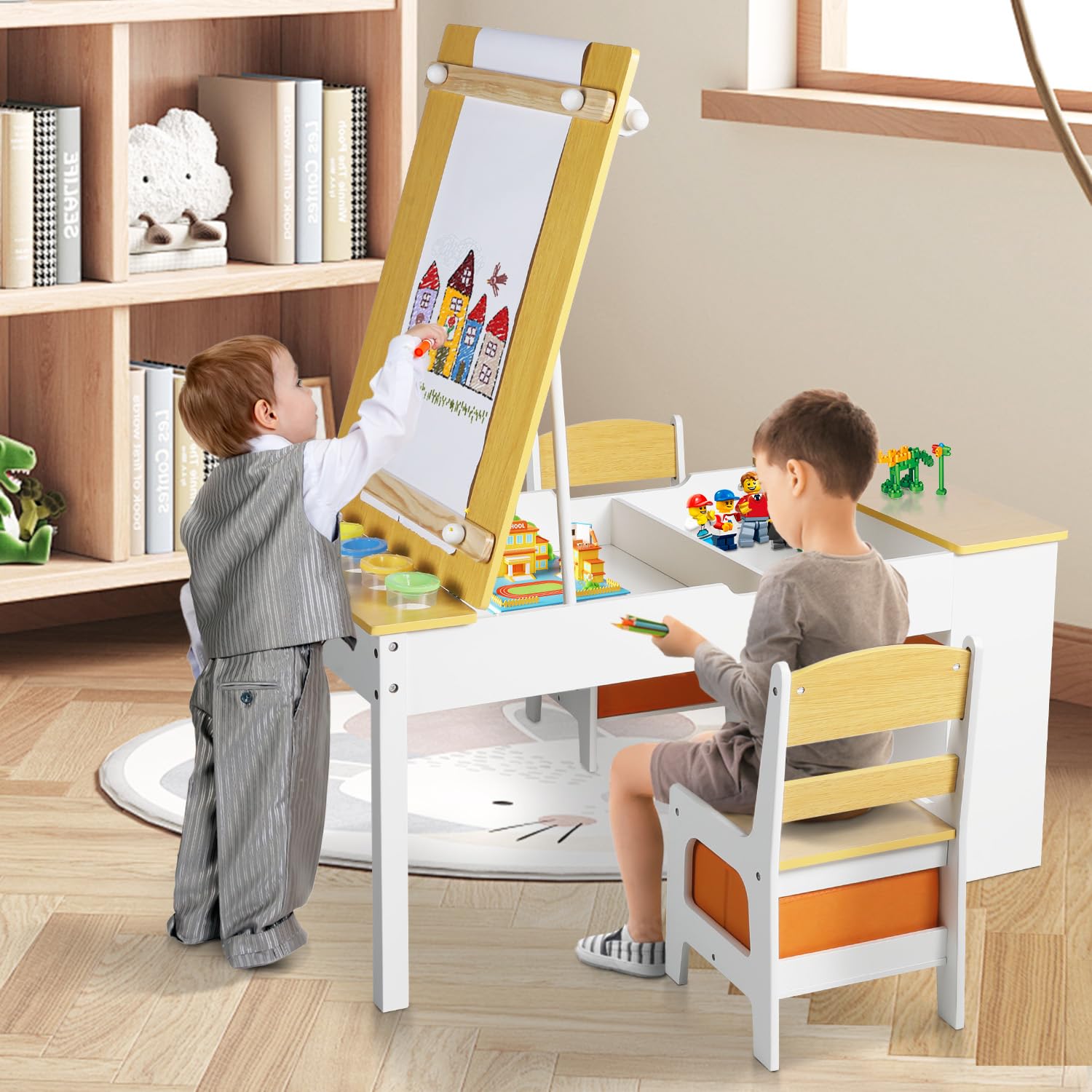 Kinder King Kids Art Table & Easel Chair Set, 3 in 1 Wood Children Activity Table, 6 Storage Bins, Paper Roll, Paint Cups, Toddler Craft and Play Table for Art, Drawing, Reading, Playroom, Natural