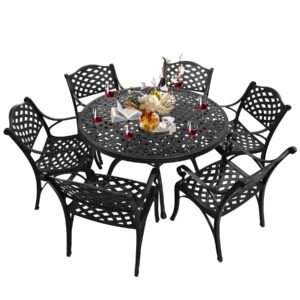 PATIO-IN 48.23" Patio Dinning Table, All-Weather Cast Aluminum Table with 2.36" Umbrella Hole, Patio Furniture Table, Outdoor Dining Table for Backyard and Poolside