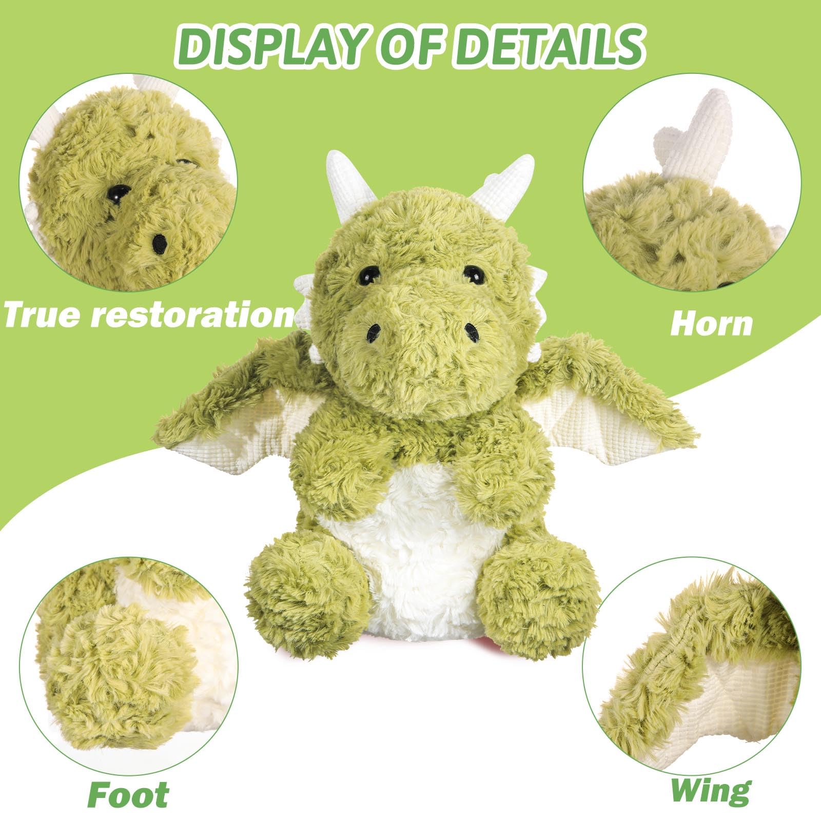 EOUOBOMO Little Flying Dragon Plush,Cute Dinosaur Stuffed Animals Pillow,Kawaii Fire Dragon Animal Plushies Toy, for Adults and Kids,7.88",Green